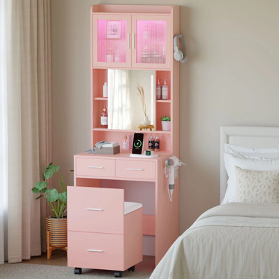 Apple Pink Dressing Table Set with LED 3-Tone Sliding Mirror & RGB Light Strip - 3-Drawer 2-Door Storage Cabinet, Mobile Stool, Hooks & Power Strip Included