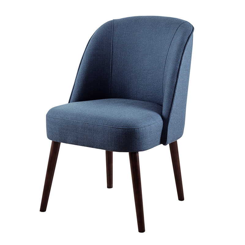 Chaise de salle à manger en bois avec revêtement en tissu bleu texturé, dossier arrondi - housse, pieds, coussin de 6,25 po