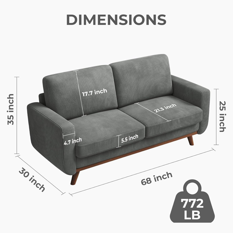 68'' Dark Gray Corduroy Loveseat Sofa with Walnut Legs
