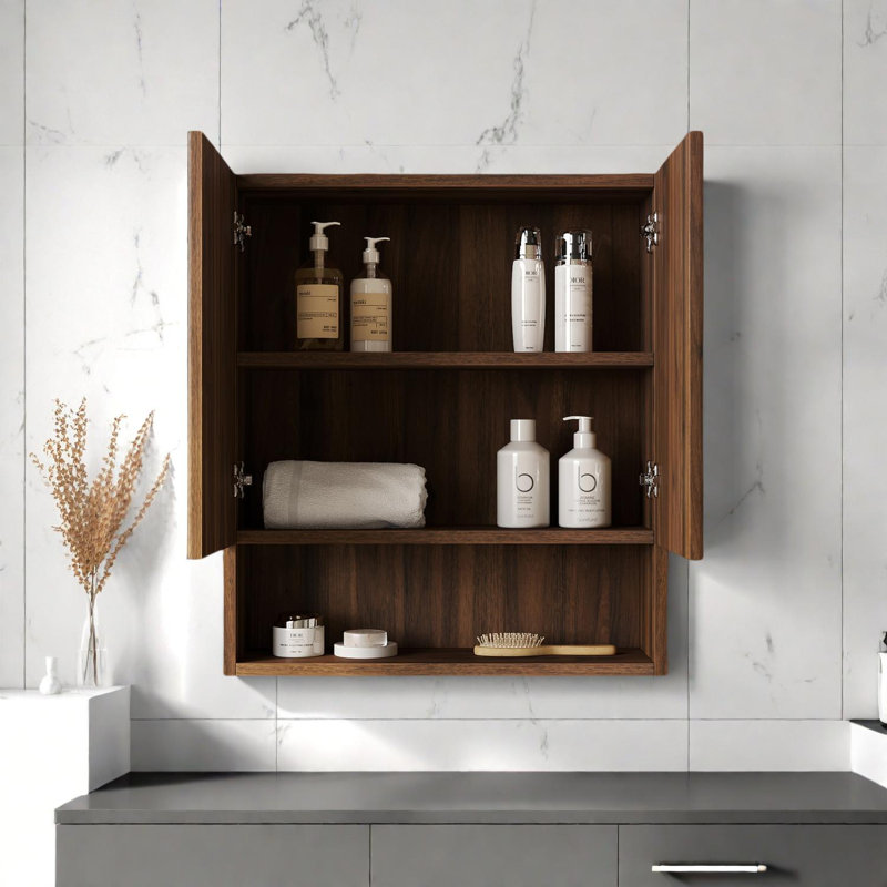 Armoire de salle de bain murale à rayures avec compartiment de rangement, Noyer foncé
