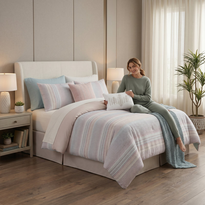 Ensemble de couette Chelsea 7 pièces pour lit queen, literie douce en microfibre rayée côtière avec texture gaufrée et oreillers brodés