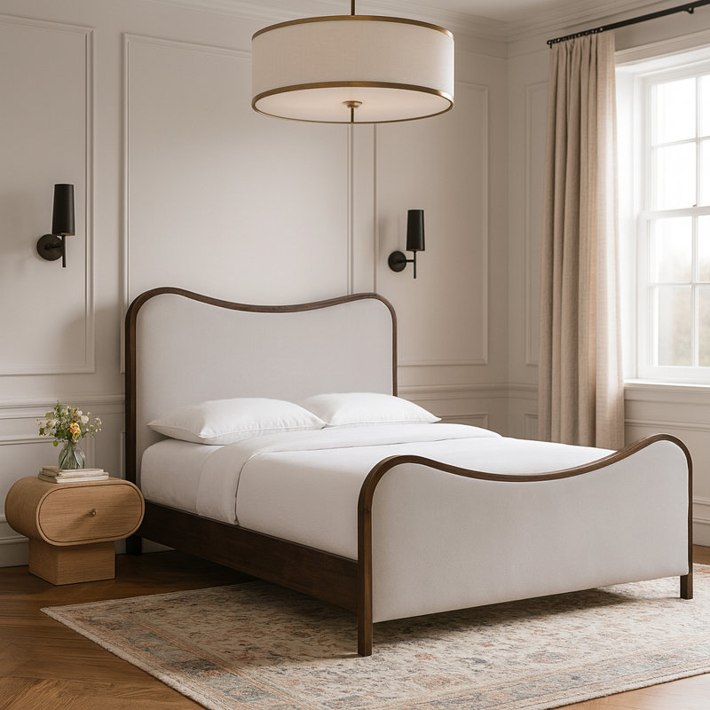 Lit tapissier Arvada, Tissu texture lin beige / brossé noyer, Grand