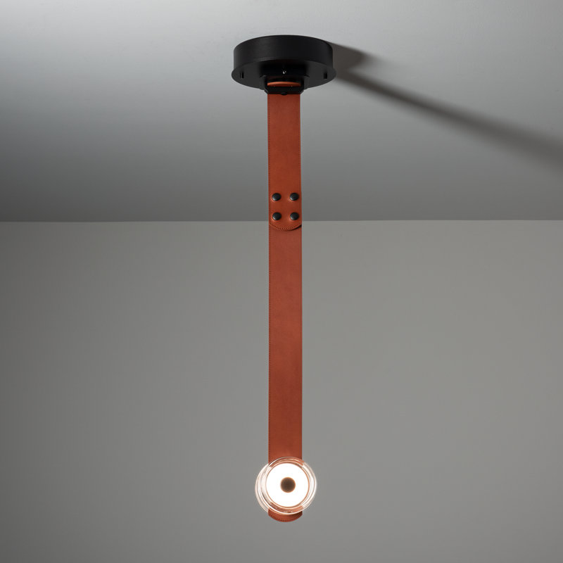 SNAPS Small LED Pendant - Black Finish - Chestnut Leather - Pressed Glass, White, White Leather