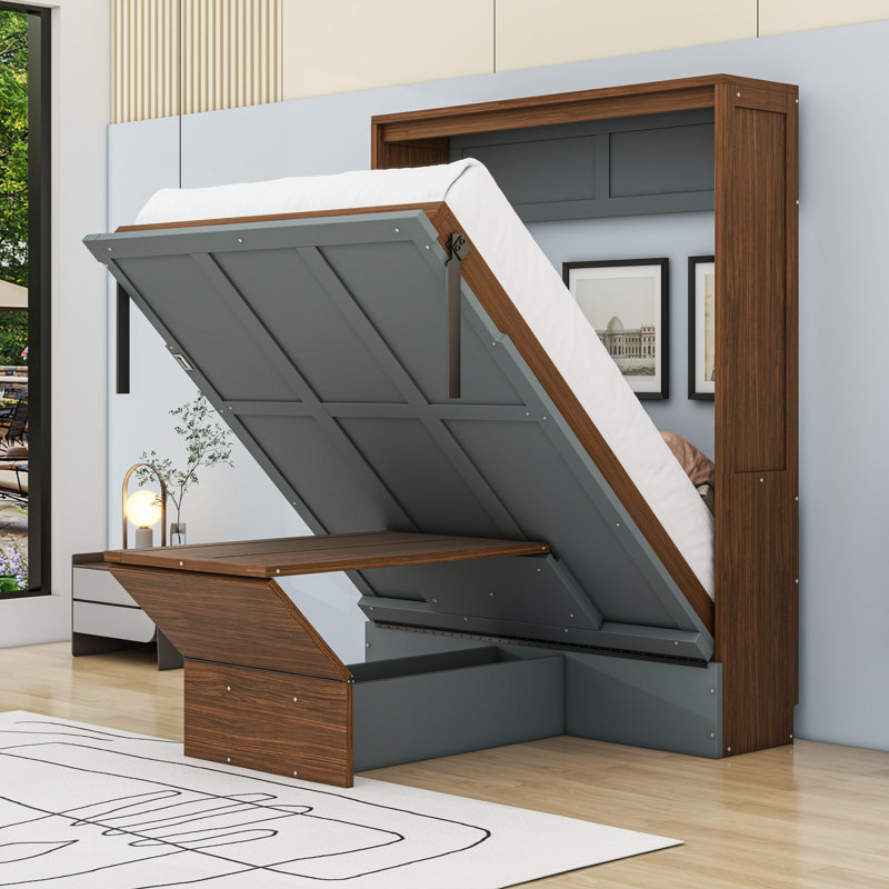 Lit escamotable double en bois avec bureau pliable et lattes, Noyer / gris