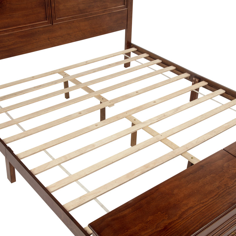 Grand lit de style campagnard avec tête de lit et banc de rangement avec 2 grands tiroirs, lit en bois de pin avec cadre de lit renforcé