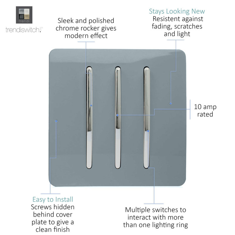 Trendi Switch 3 Gang 1 or 2 way Rocker Light Switch, Cool Grey