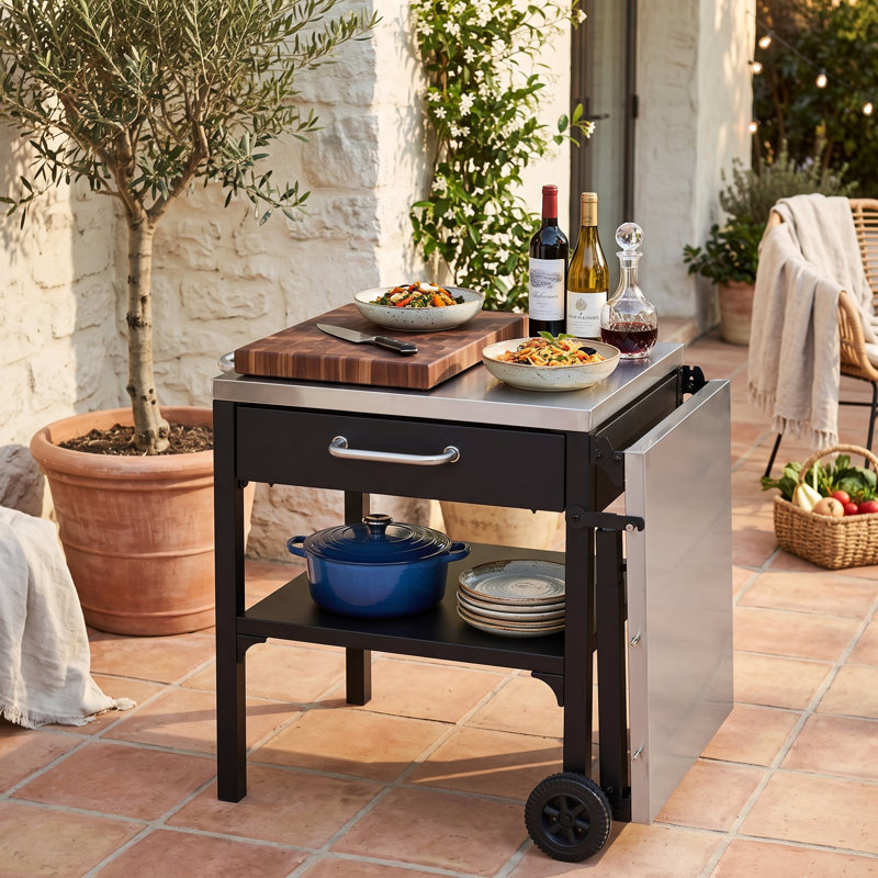 Chariot de cuisine d'extérieur avec roulettes, tiroir, tablette de rangement inférieure et surface de préparation extensible