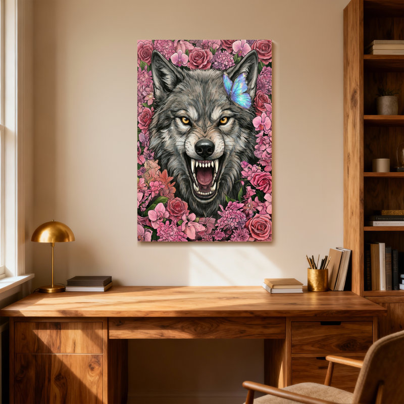 Animaux loup avec fleurs et papillon