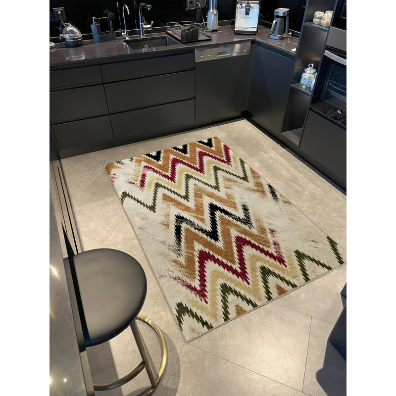 Tapis décoratif moderne multicolore à motif abstrait orange et zigzag, Tapis de couloir 3 pi 3,37 po x 6 pi 6,74 po
