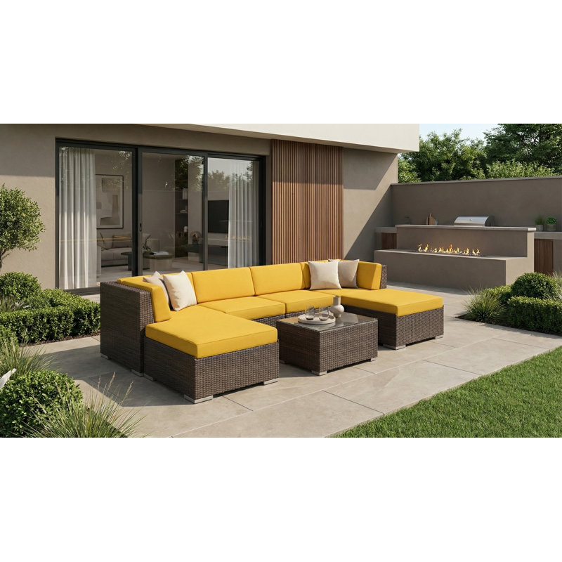 Billyjo Wicker 4 - Person Seating Group with Cushions - No Assembly, Canvas Sunflower Yellow Sunbrella® Canvas, Dark Brown