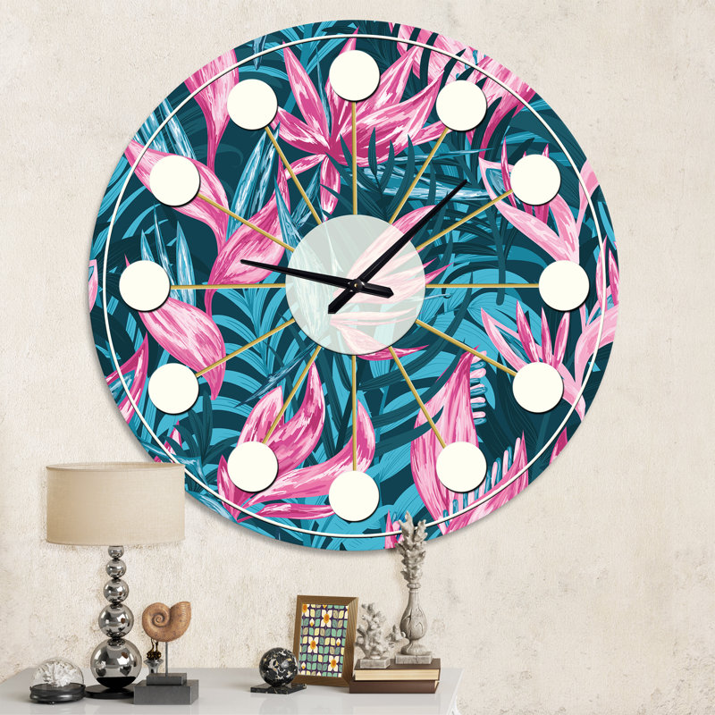 Fleurs tropicales dessinées à la main - horloge murale moderne Mid-Century, Moyen