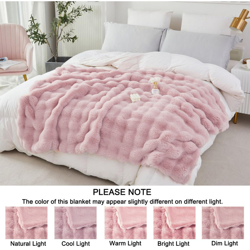 Jeté ultra doux et moelleux en fausse fourrure de lapin, L 90 po x L 90 po, Rose