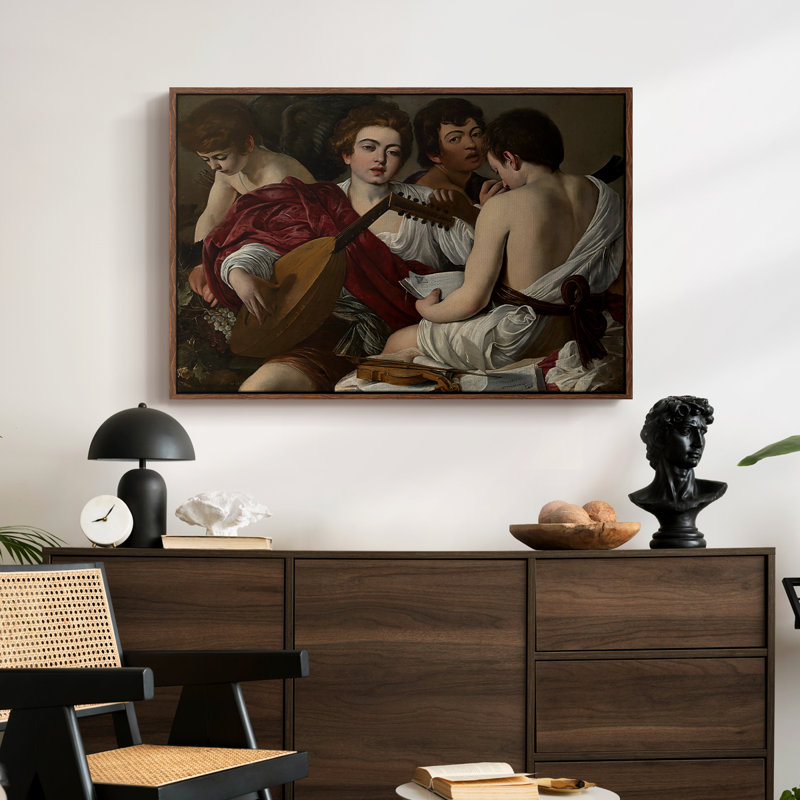 Les Musiciens, c. 1595 - Toile tendue avec châssis Caravaggio, 24 po x 36 po, Noyer