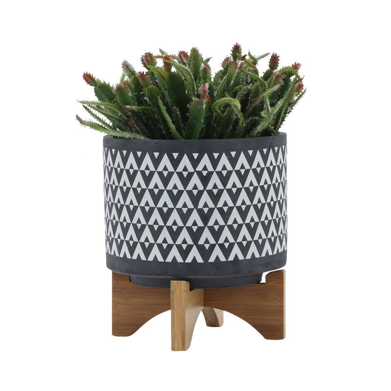 Ceramic 8" Aztec Planter On Wooden Stand, Gray, 9" H x 8" W x 8" D