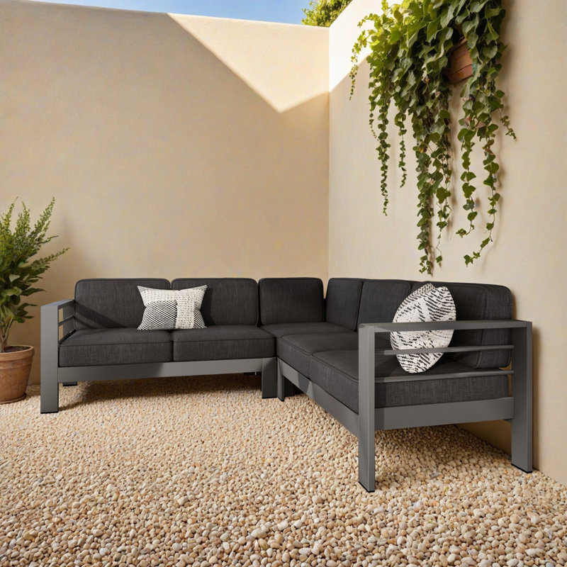 Canapé modulaire en L pour patio avec table d'appoint, canapé modulaire pour l'extérieur, Noir, Gris foncé