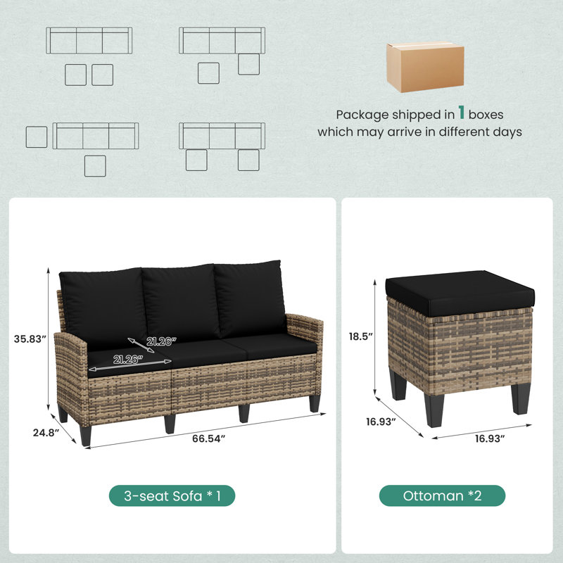 Ensemble de conversation modulaire en osier avec repose-pieds pour 3 personnes, Noir, Brun jaunâtre
