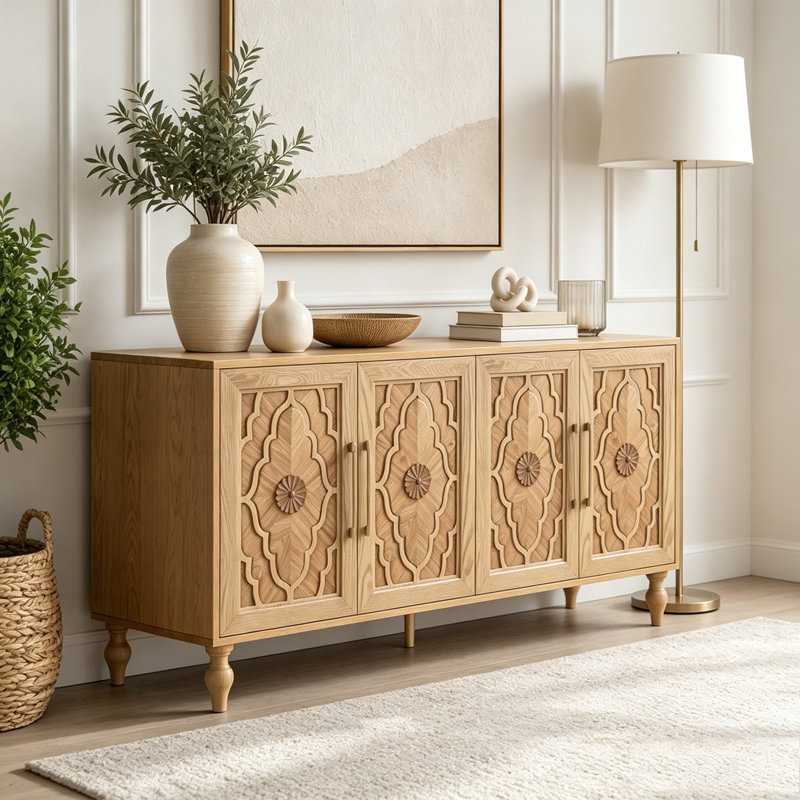 Grande armoire de rangement sculptée à porte fleurie avec poignée en métal, Bois naturel