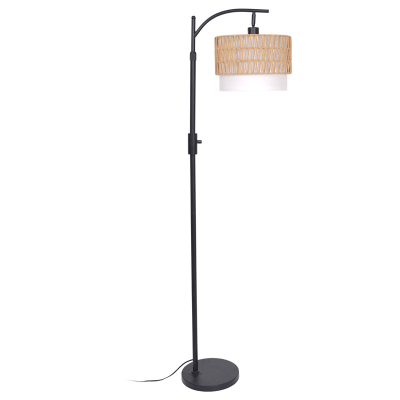 Lampadaire moderne arqué en rotin noir de 161 cm (63,35 po) pour salon, avec abat-jour double tambour en rotin et tissu (ampoule non incluse).