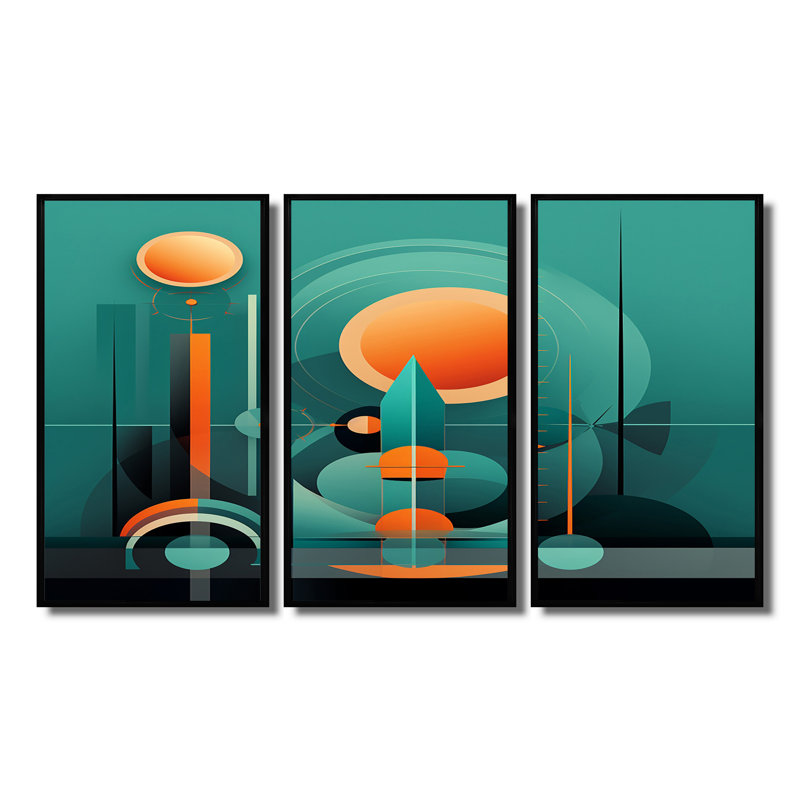 Ensemble d'art mural rétro moderne pleine lune City I - Mid-Century, Cadre flottant noir, H 40 po x l 60 po x P 1 po