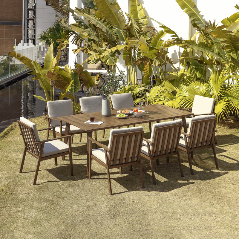 Seehill 9-Piece Aluminum Outdoor Dining Set, 8 Chairs & 84.6" Table With 2.2" Umbrella Hole, All-Weather Rust-Proof, UV-Resistant, Waterproof Patio Furniture For Patios, Lawn, Brown