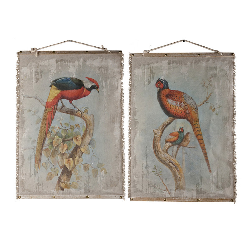 Peinture d'oiseaux colorés sur toile, 2 pièces