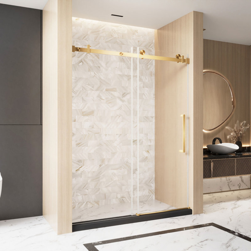 Frameless Single Sliding Shower Door  56-60 "W, 1/4 "(6 Mm) Clear Tempered Glass, Explosion Proof Film, Stainless Steel Handle Square Tube Track