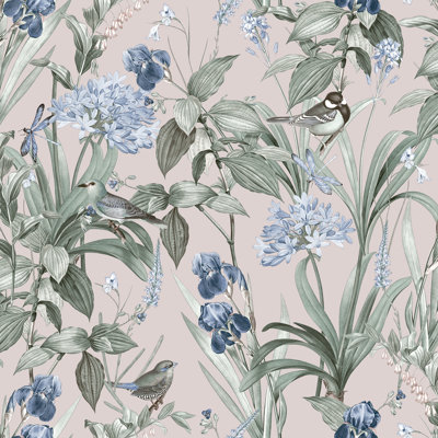 Papier peint botanique Mint Birds and Dragonflies