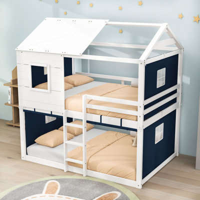 Playhouse Bunk Bed With Elegant Window Design And Guardrails
