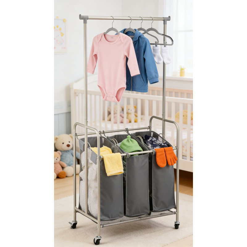 Heavy Duty 3-Basket Rolling Laundry Sorter Cart With Garment Hanging Bar And Drying Rack - Portable Metal Laundry Organizer System