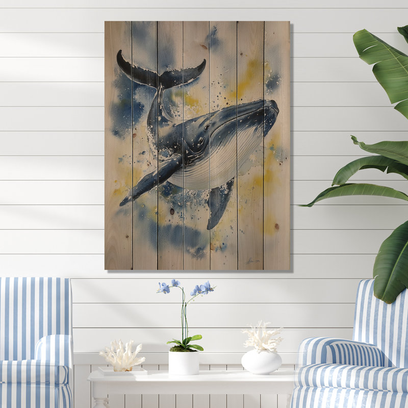 «Whimsical Whales Playful Splashing Fun», art mural baleine sur bois de pin naturel, H 20 po x l 10 po