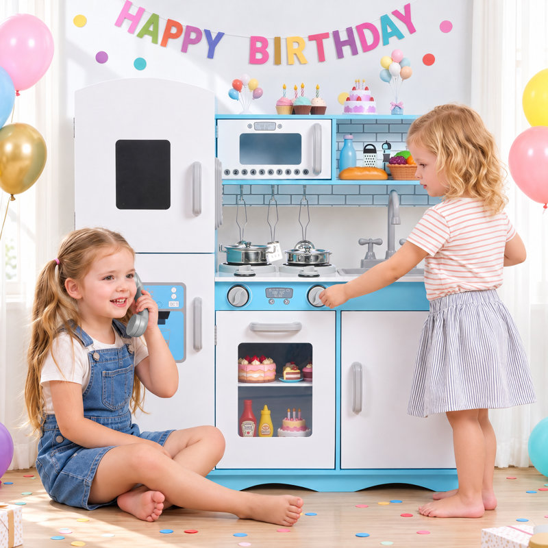 Wooden Kids Play Kitchen, Toy Kitchen Playset for Toddler, Pretend Oven, Microwave, Realistic Kitchen Sets for Boys Girls Age 3+