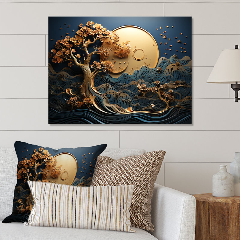 Ambiance côtière dorée et bleue III - arbre, art mural en métal, H 30 po x l 40 po x P 1,5 po