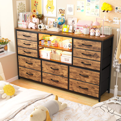 Dresser For Bedroom With Power Outlets And Led Lights, Fabric Drawers TV Stand Dressers With 2 Tire Shelves