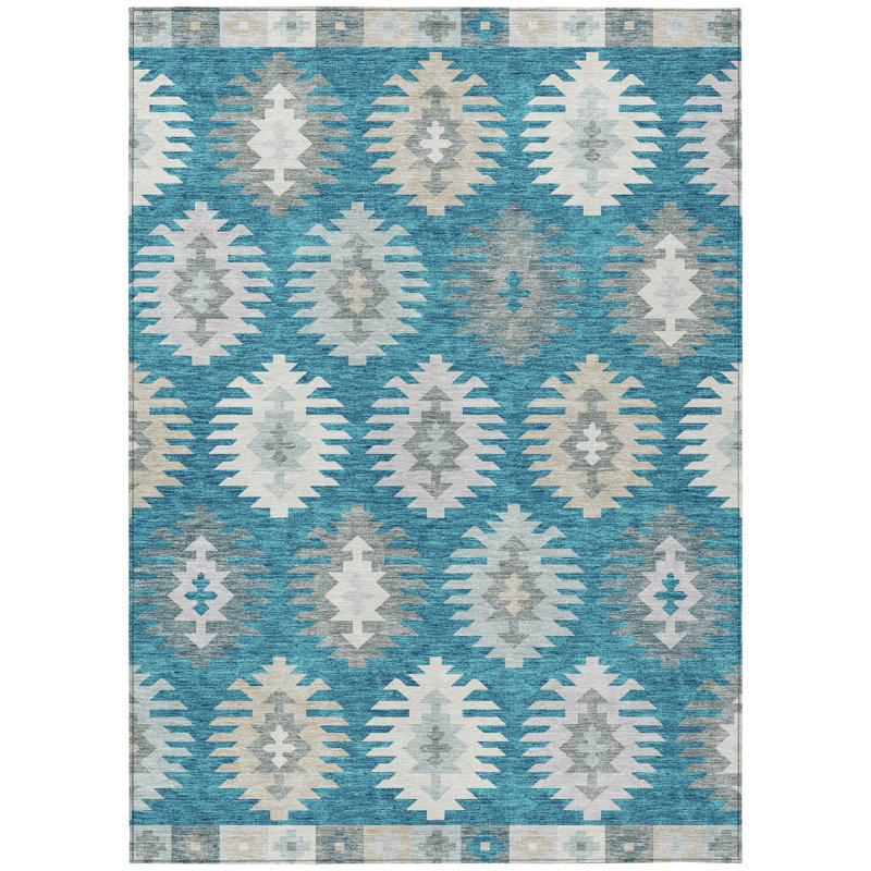 Tapis bleu sarcelle lavable 9 pi x 12 pi ivoire et ivoire Southwestern