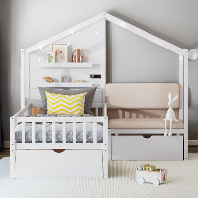 Twin Size House Bed With Upholstered Sofa