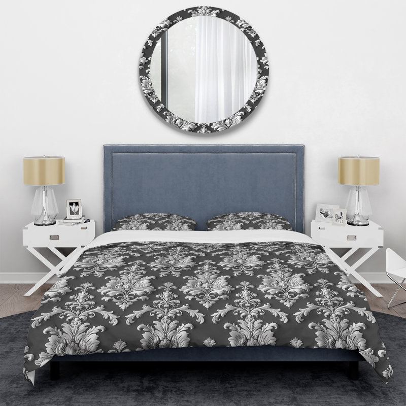 Ensemble de housse de couette transitionnel gris et blanc à motif damassé V, Housse de couette très grand et 2 très grandes t