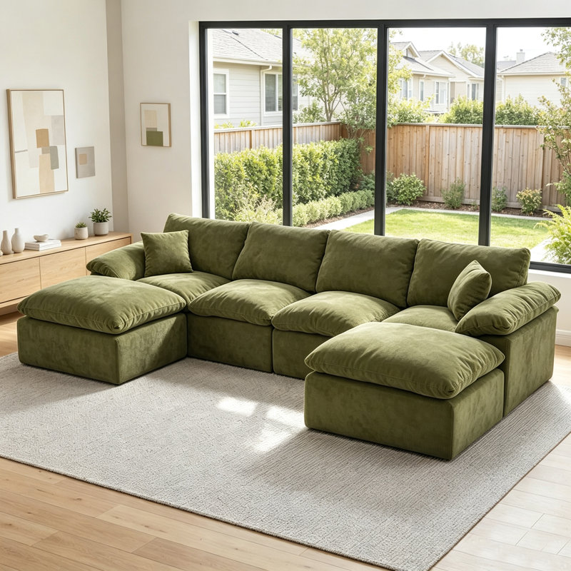 Canapé d'angle modulaire en forme de U Cloud de 330 cm, canapé 6 places en chenille avec 2 poufs amovibles, structure en mousse et ressorts, assise profonde avec coussins pour salon ou appartement, vert