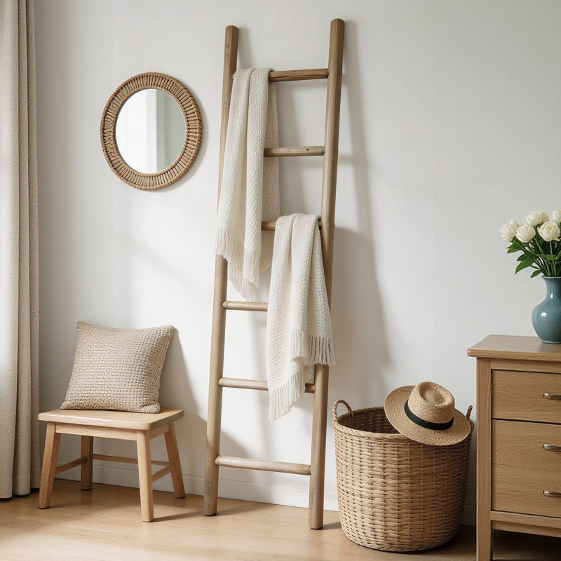 Échelle à serviettes en bois massif de 76 po à 6 niveaux pour la salle de bain, le salon et la chambre à coucher