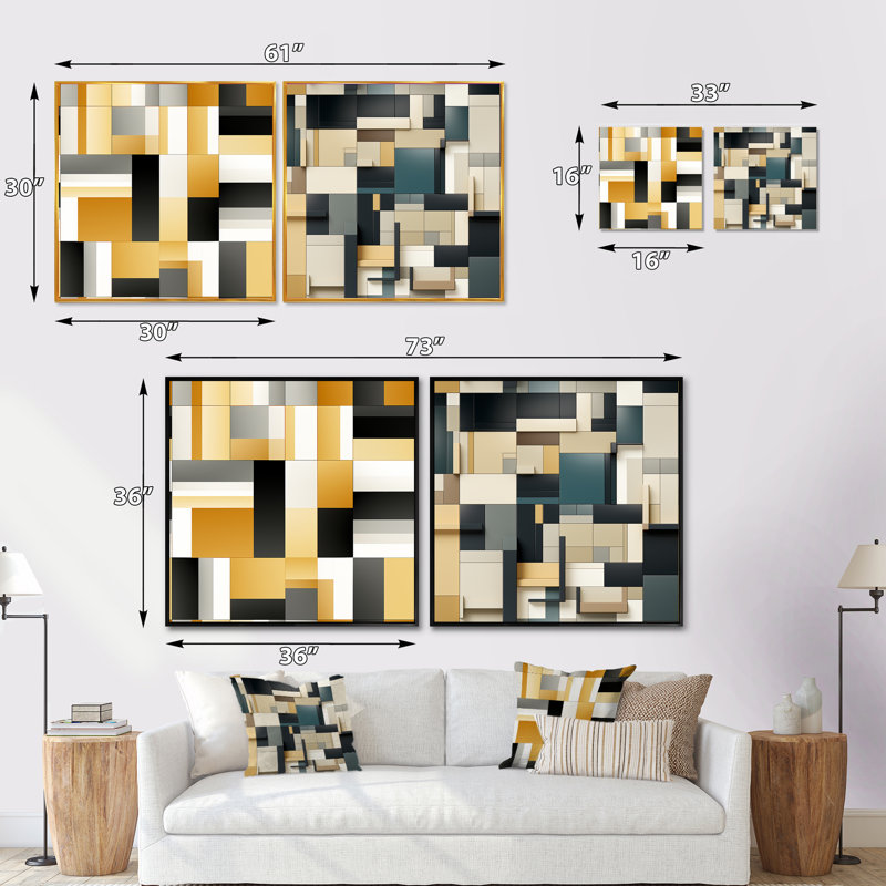 Ensemble de 2 blocs géométriques taupe à motif géométrique Harmony, Cadre flottant doré, H 16 po x l 33 po