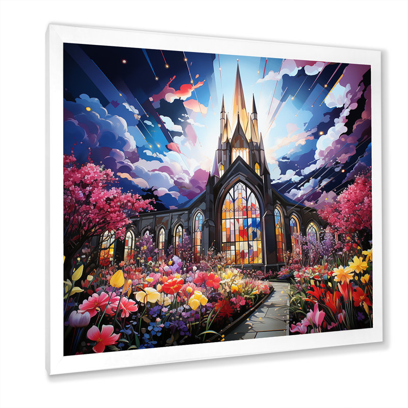 «Blue Expressive Illumination Church», art mural Église, Cadre simple blanc, H 16 po x l 16 po x P 1 po