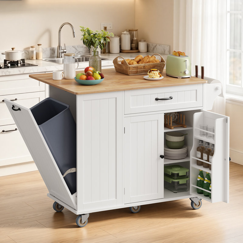 Îlot de cuisine en bois massif, compartiment à poubelle inclinable avec barre de petit-déjeuner à abattants, table de cuisine mobile avec faux réfrigérateur et roulettes verrouillables