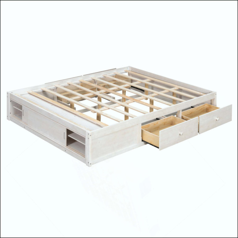 Platform Bed Frame With 4 Storage Drawers And Footboard Storage Cubby, No Headboard, Modern Space-Saving, White