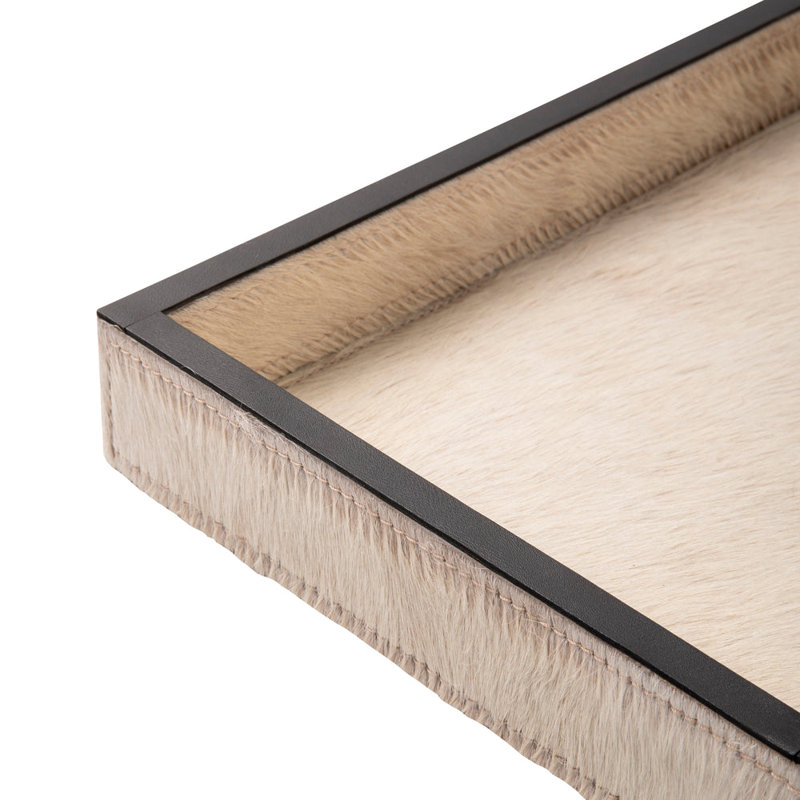 Cream Cow Hide Rectangle Tray With Black Leather Trim - Large, 2" H x 20" W x 10" D
