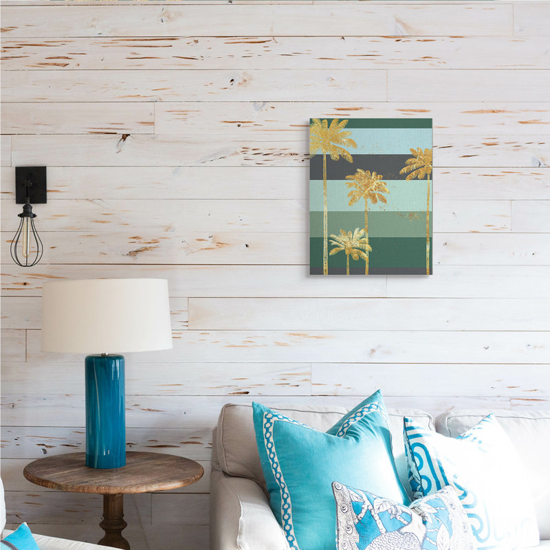 Glam Tropical Palms sur Green Bold Stripes par Ziwei Li - Peinture, H 20 po x l 16 po, Toile tendue