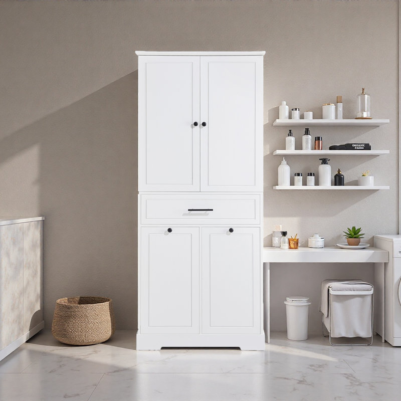 Armoire de rangement autoportante avec portes et tiroirs, panier à linge inclinable, tablette réglable, plusieurs espaces de rangement