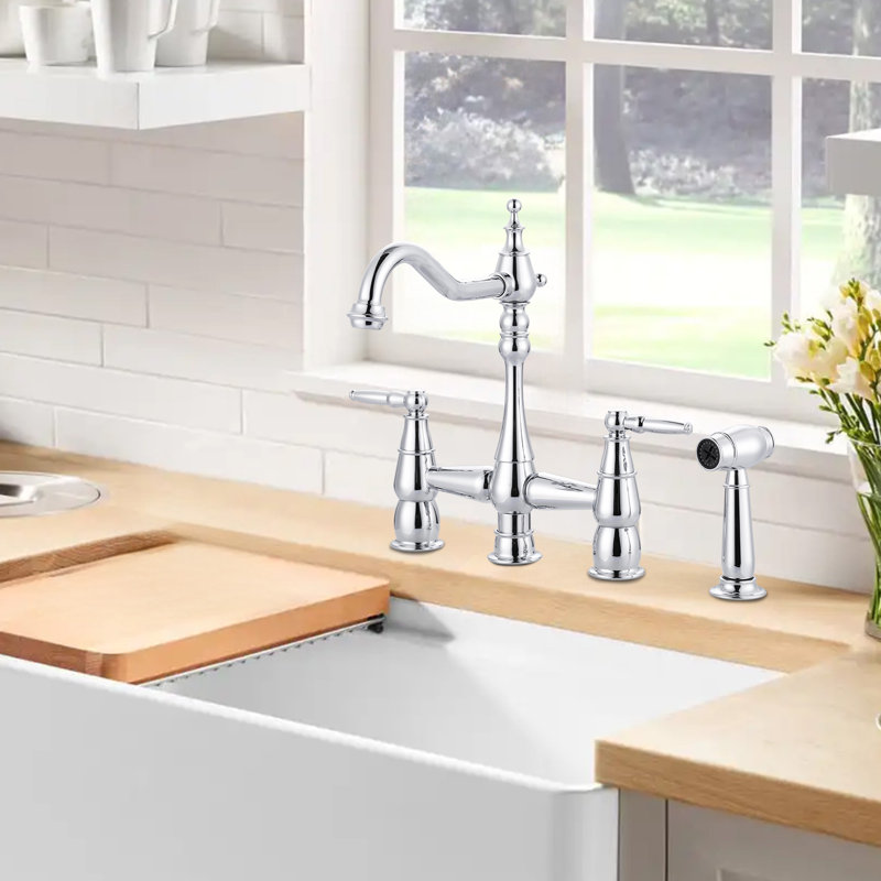 Double Handle Bridge Kitchen Faucet With Faucet-side Sprayer In Polished Chrome, Polished Chrome