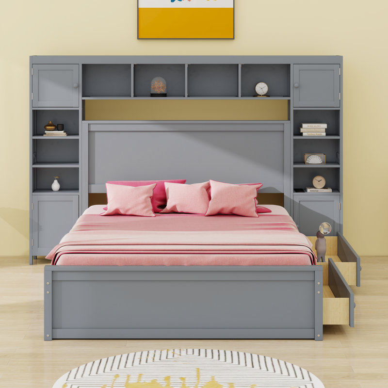 Lit en bois avec armoire tout-en-un, tablette et douilles, tiroirs, Gris
