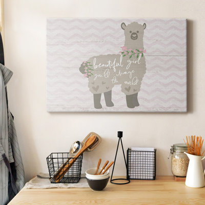 Floral lama sur toile tendue avec châssis de qualité supérieure - prêt à être accroché