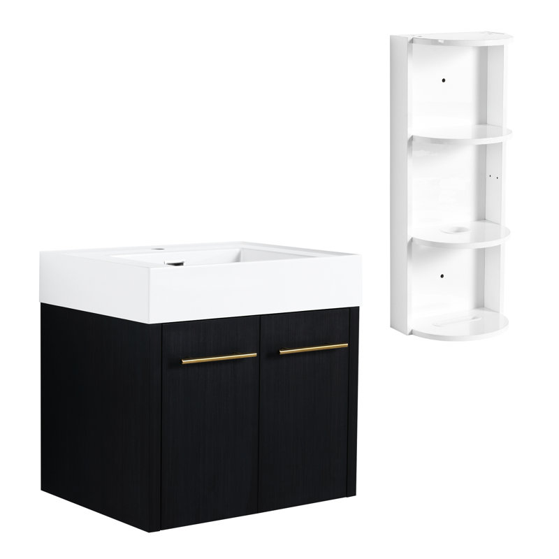Meuble-lavabo de 24 pouces avec lavabo en résine à rebords épais et trois supports de rangement, finition en châtaignier noir, contreplaqué fonctionnel contemporain pour installation
