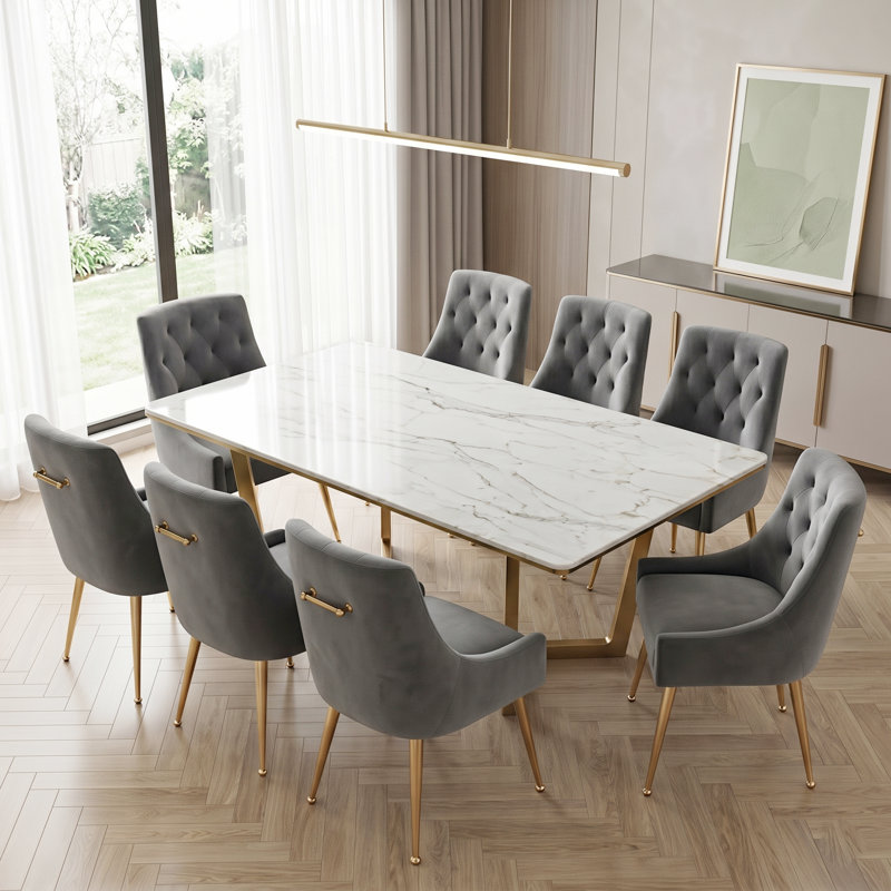 Fewell Velvet Upholstered Dining Chair With Gold Legs, Gray
